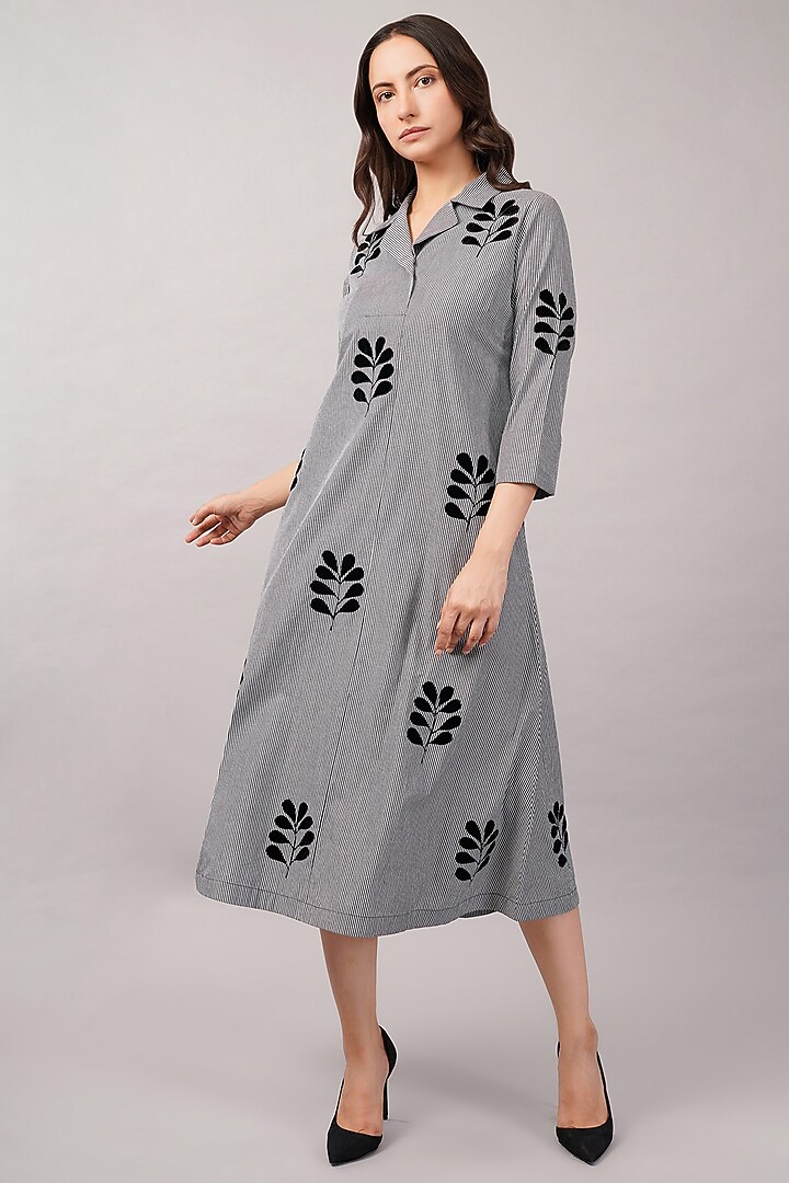 Grey & Black Cotton Striped Midi Vacation Dress by Abraham & Thakore at Pernia's Pop Up Shop