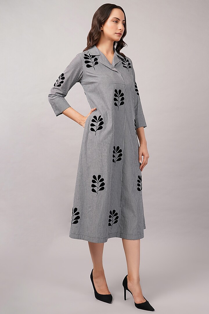 Grey & Black Cotton Striped Midi Vacation Dress by Abraham & Thakore at Pernia's Pop Up Shop