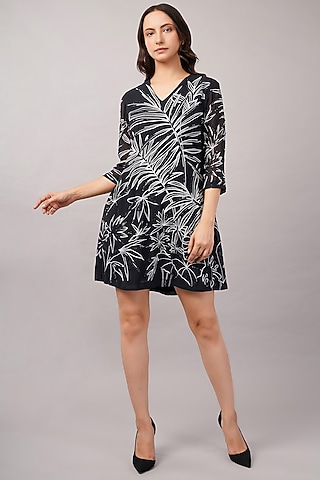 Black Viscose Georgette Sequins Embroidered Mini Dress by Abraham & Thakore