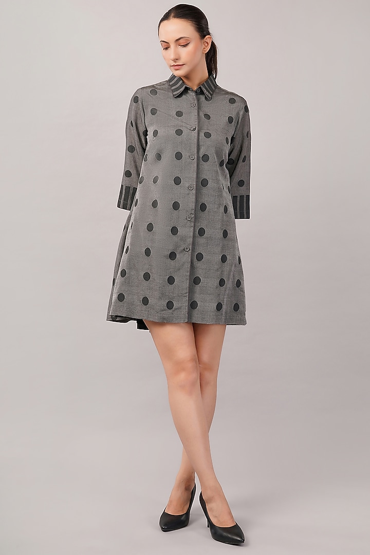 Grey Handwoven Silk & Cotton Cutwork Mini Vacation Dress by Abraham & Thakore at Pernia's Pop Up Shop