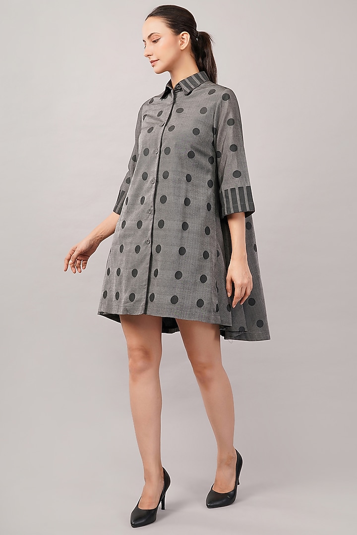 Grey Handwoven Silk & Cotton Cutwork Mini Vacation Dress by Abraham & Thakore at Pernia's Pop Up Shop