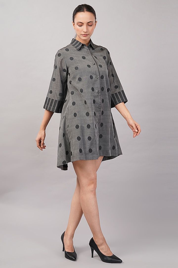 Grey Handwoven Silk & Cotton Cutwork Mini Vacation Dress by Abraham & Thakore at Pernia's Pop Up Shop