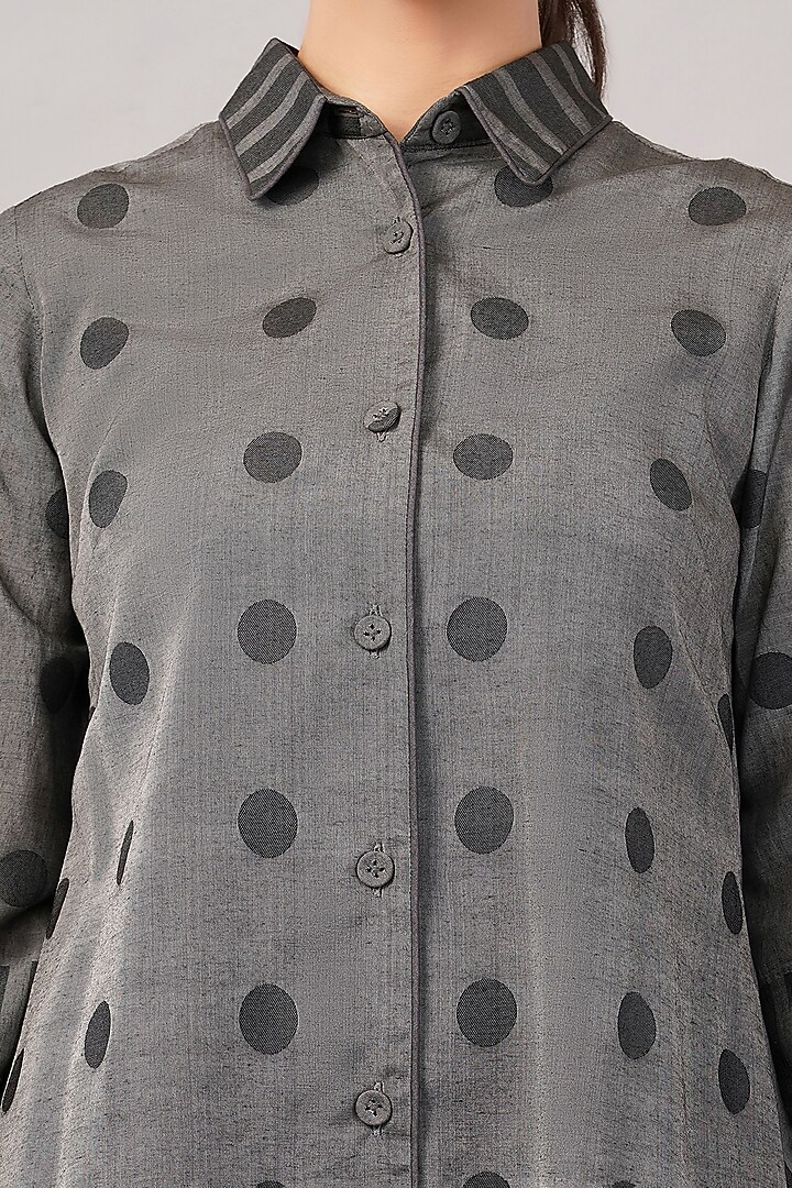 Grey Handwoven Silk & Cotton Cutwork Mini Vacation Dress by Abraham & Thakore at Pernia's Pop Up Shop