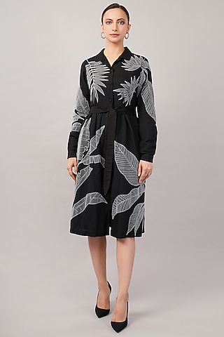 Black Linen Blend Applique Embroidered Midi Dress by Abraham & Thakore