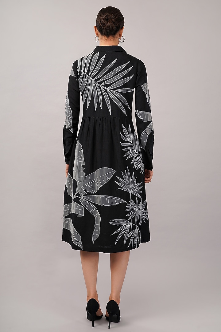 Black Linen Blend Applique Embroidered Midi Vacation Dress by Abraham & Thakore at Pernia's Pop Up Shop