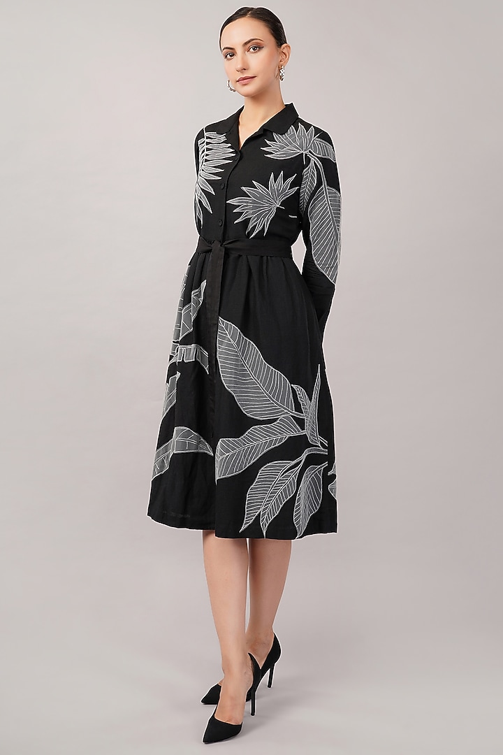 Black Linen Blend Applique Embroidered Midi Vacation Dress by Abraham & Thakore at Pernia's Pop Up Shop