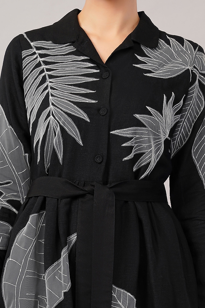 Black Linen Blend Applique Embroidered Midi Vacation Dress by Abraham & Thakore at Pernia's Pop Up Shop
