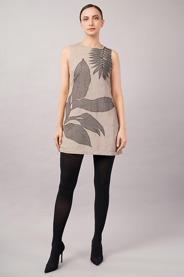 Taupe & Black Linen Blend Embroidered Mini Vacation Dress by Abraham & Thakore at Pernia's Pop Up Shop