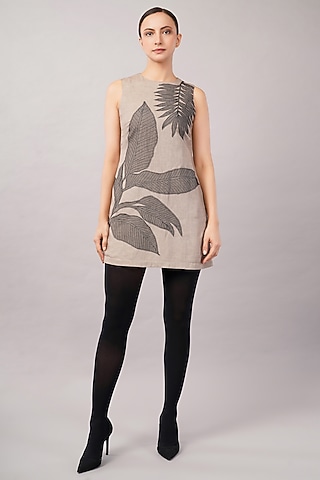 Taupe & Black Linen Blend Embroidered Mini Dress by Abraham & Thakore
