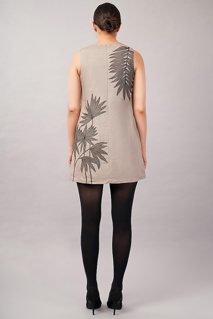 Taupe & Black Linen Blend Embroidered Mini Vacation Dress by Abraham & Thakore at Pernia's Pop Up Shop
