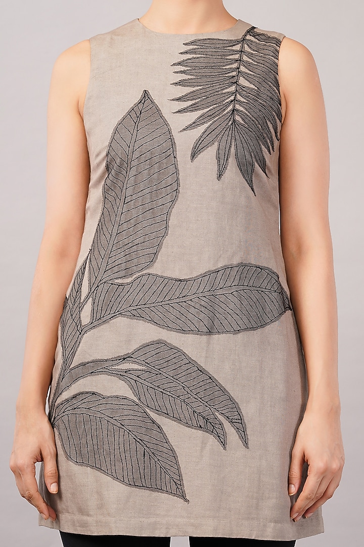 Taupe & Black Linen Blend Embroidered Mini Vacation Dress by Abraham & Thakore at Pernia's Pop Up Shop