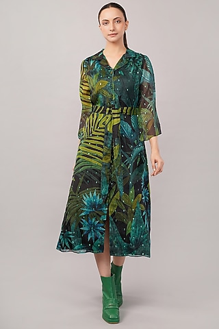 Green Viscose Organza Printed Midi Dress by Abraham & Thakore