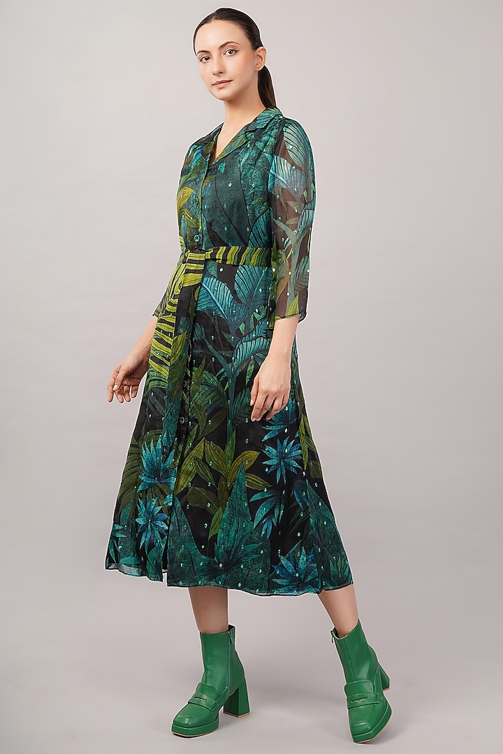 Green Viscose Organza Printed Midi Vacation Dress by Abraham & Thakore at Pernia's Pop Up Shop