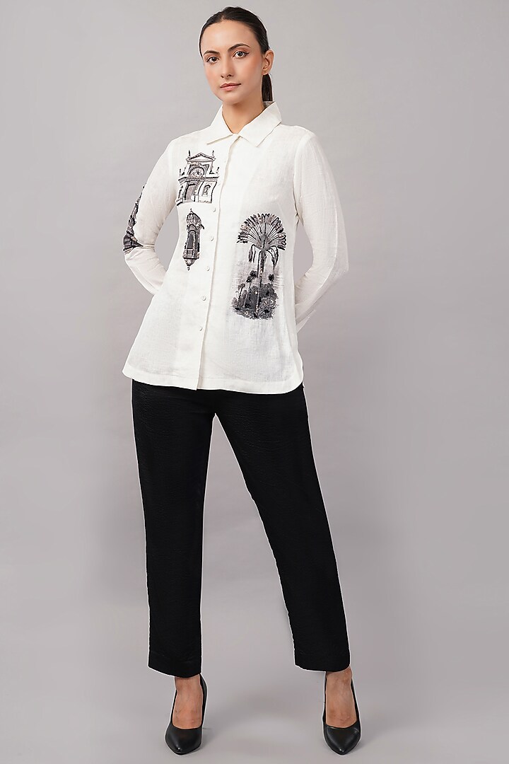 Ivory Linen Blend Printed Shirt by Abraham & Thakore at Pernia's Pop Up Shop