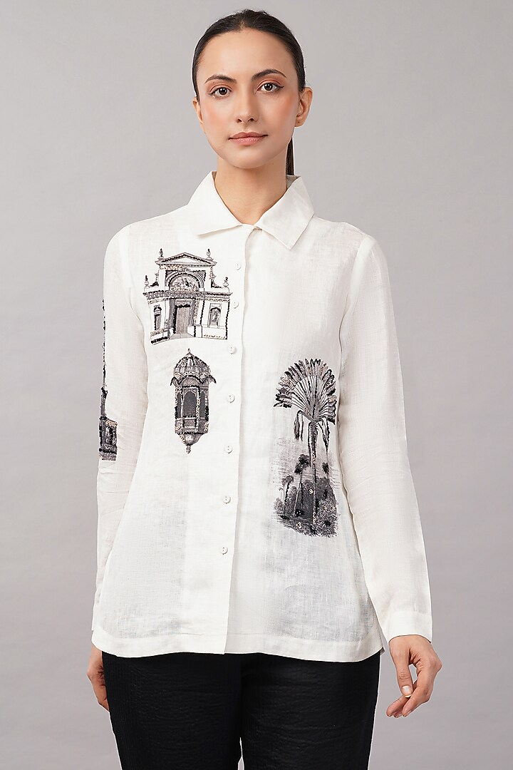 Ivory Linen Blend Printed Shirt by Abraham & Thakore at Pernia's Pop Up Shop