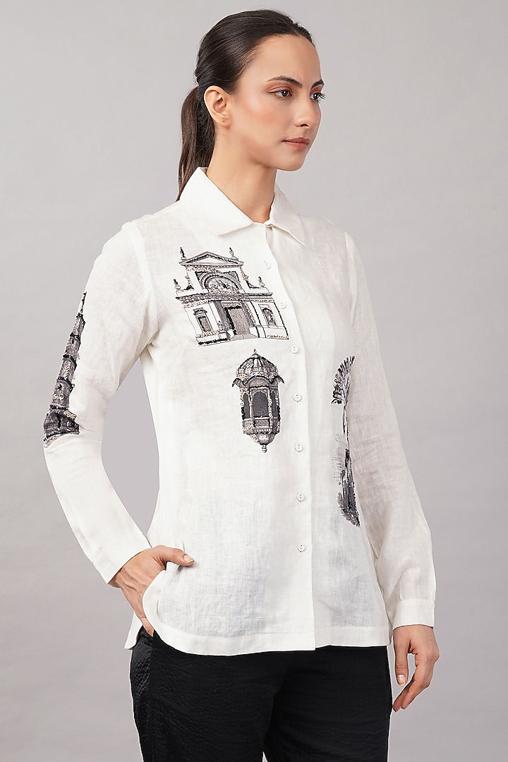 Ivory Linen Blend Printed Shirt by Abraham & Thakore at Pernia's Pop Up Shop
