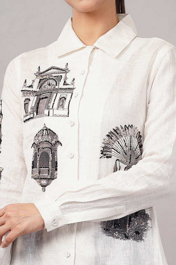 Ivory Linen Blend Printed Shirt by Abraham & Thakore at Pernia's Pop Up Shop