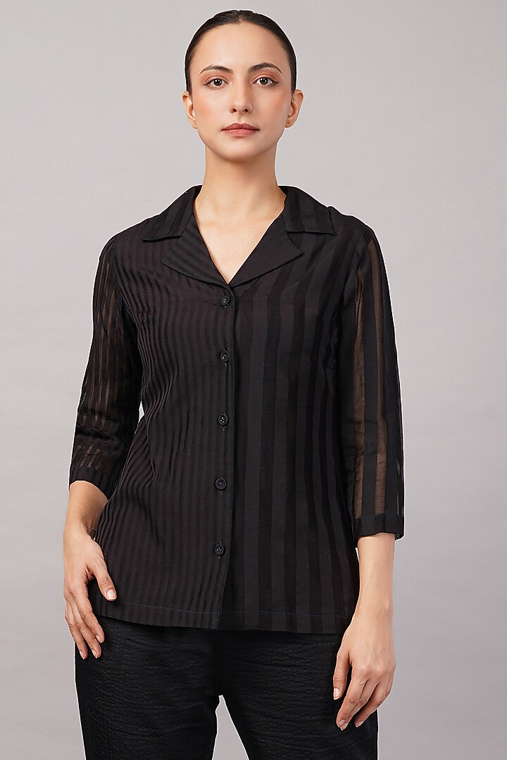 Black Handwoven Silk & Cotton Striped Shirt by Abraham & Thakore at Pernia's Pop Up Shop