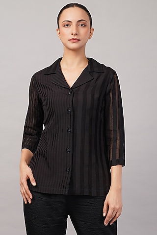 Black Handwoven Silk & Cotton Striped Shirt by Abraham & Thakore