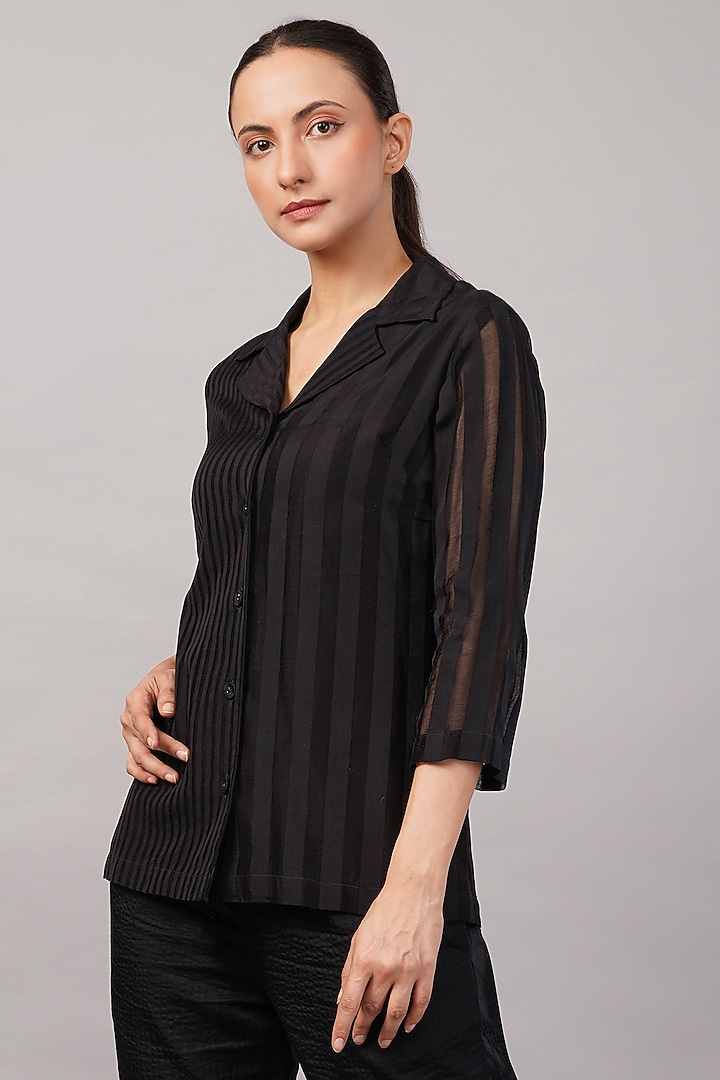 Black Handwoven Silk & Cotton Striped Shirt by Abraham & Thakore at Pernia's Pop Up Shop
