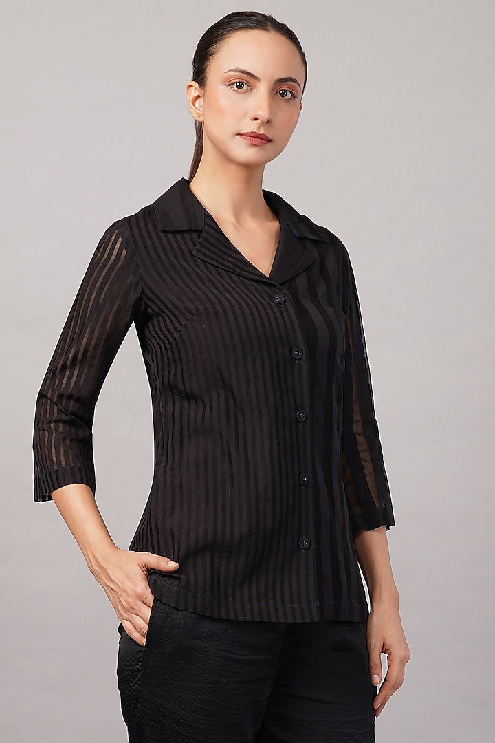 Black Handwoven Silk & Cotton Striped Shirt by Abraham & Thakore at Pernia's Pop Up Shop