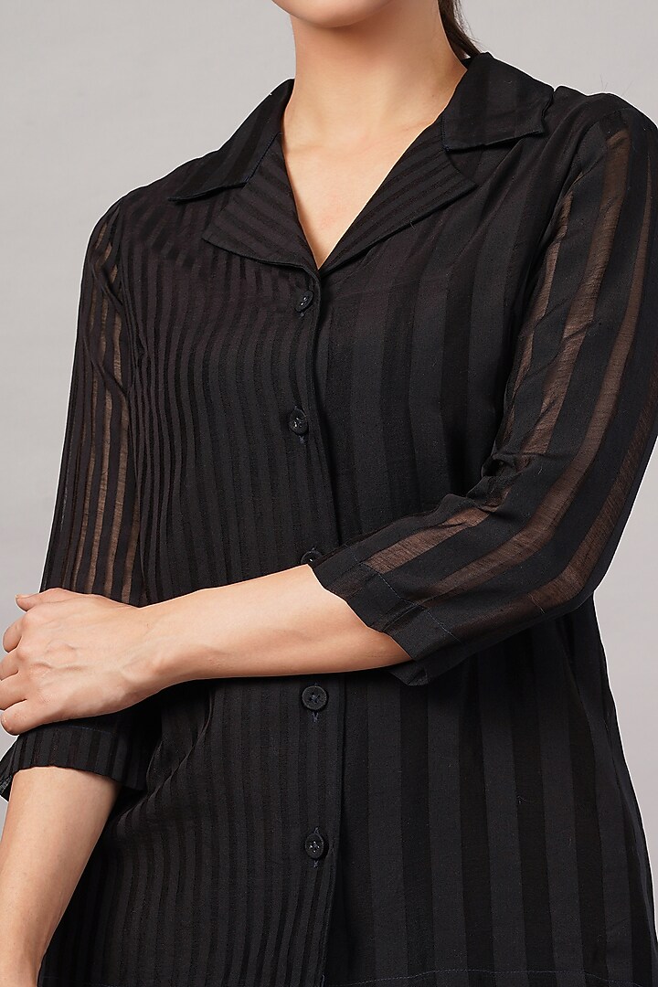 Black Handwoven Silk & Cotton Striped Shirt by Abraham & Thakore at Pernia's Pop Up Shop