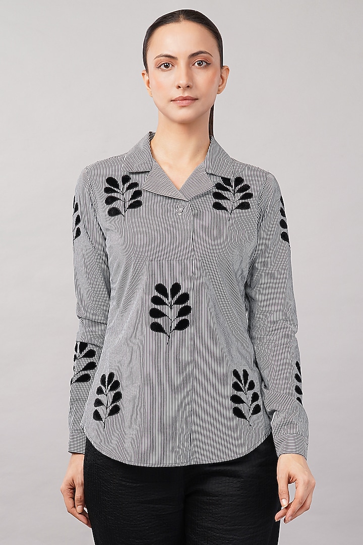 Black & Ivory Cotton Striped Shirt by Abraham & Thakore at Pernia's Pop Up Shop
