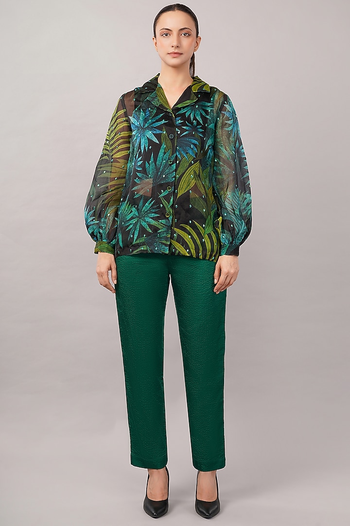Green Viscose Organza Printed Shirt by Abraham & Thakore at Pernia's Pop Up Shop