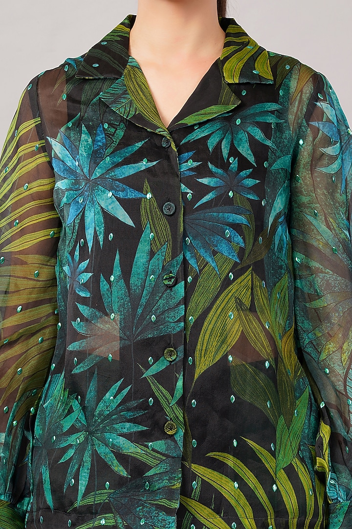 Green Viscose Organza Printed Shirt by Abraham & Thakore at Pernia's Pop Up Shop