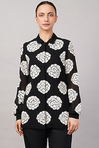 Black Viscose Georgette Embroidered Shirt by Abraham & Thakore