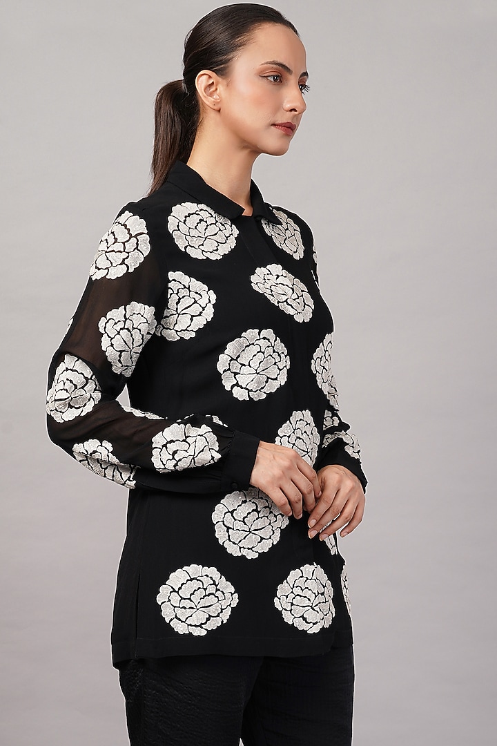 Black Viscose Georgette Embroidered Shirt by Abraham & Thakore at Pernia's Pop Up Shop