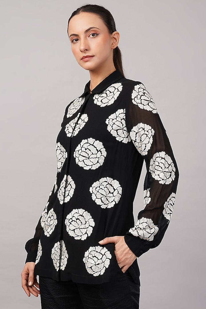 Black Viscose Georgette Embroidered Shirt by Abraham & Thakore at Pernia's Pop Up Shop