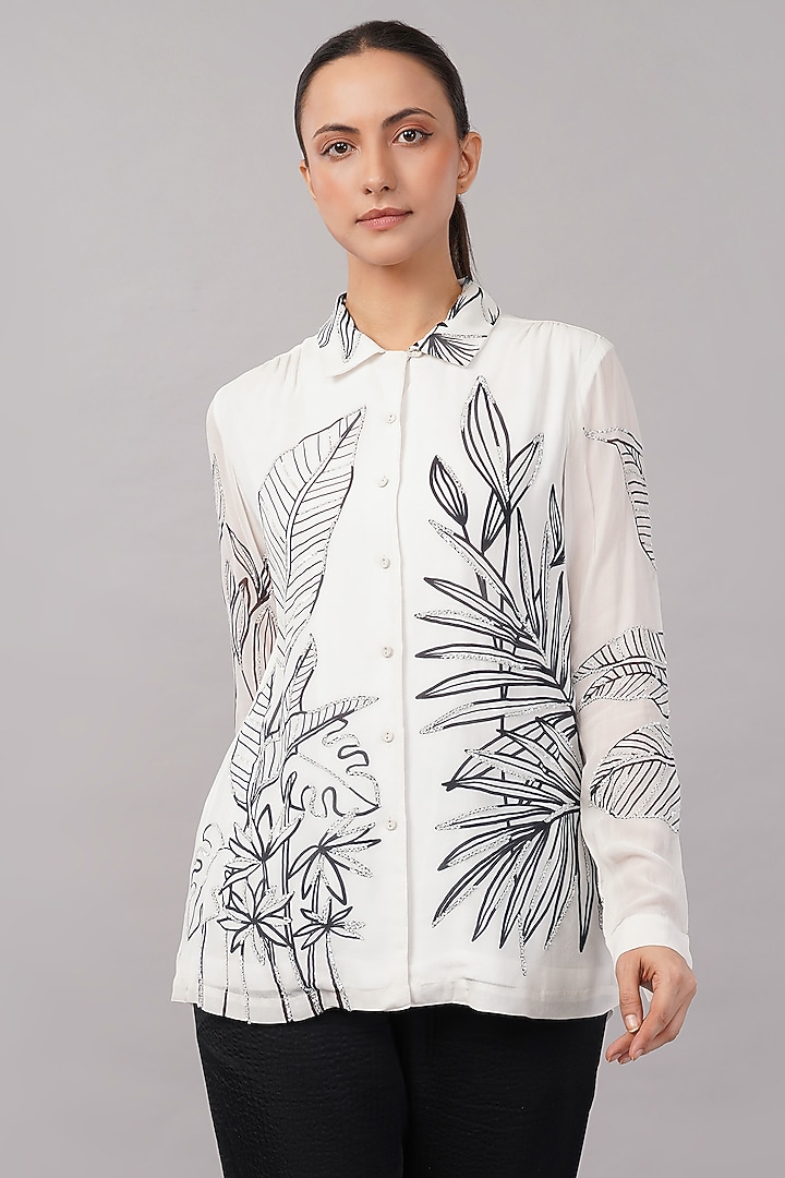 Ivory Viscose Georgette Sequins Embroidered Shirt by Abraham & Thakore at Pernia's Pop Up Shop
