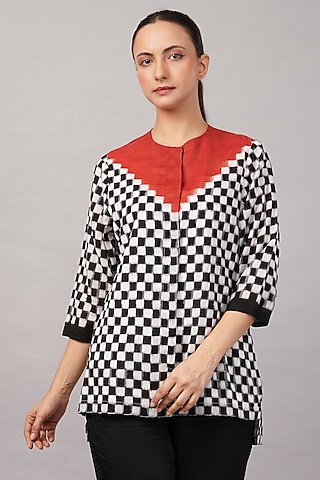 Black & Ivory Tencel Checkered Top by Abraham & Thakore
