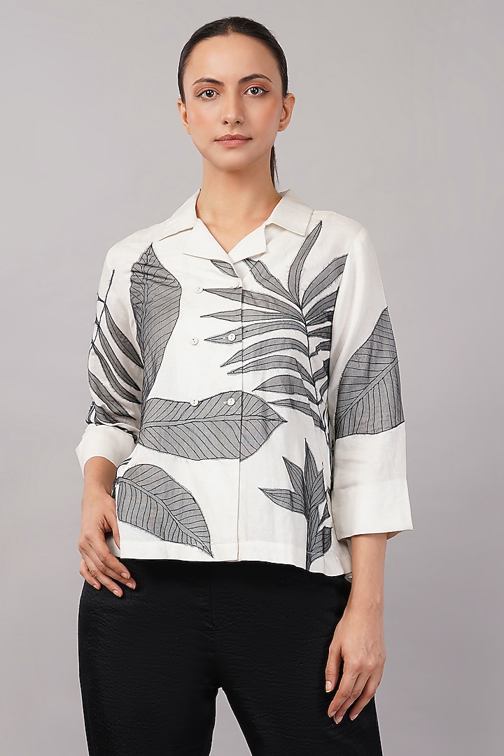 Ivory Linen Blend Applique Top by Abraham & Thakore at Pernia's Pop Up Shop
