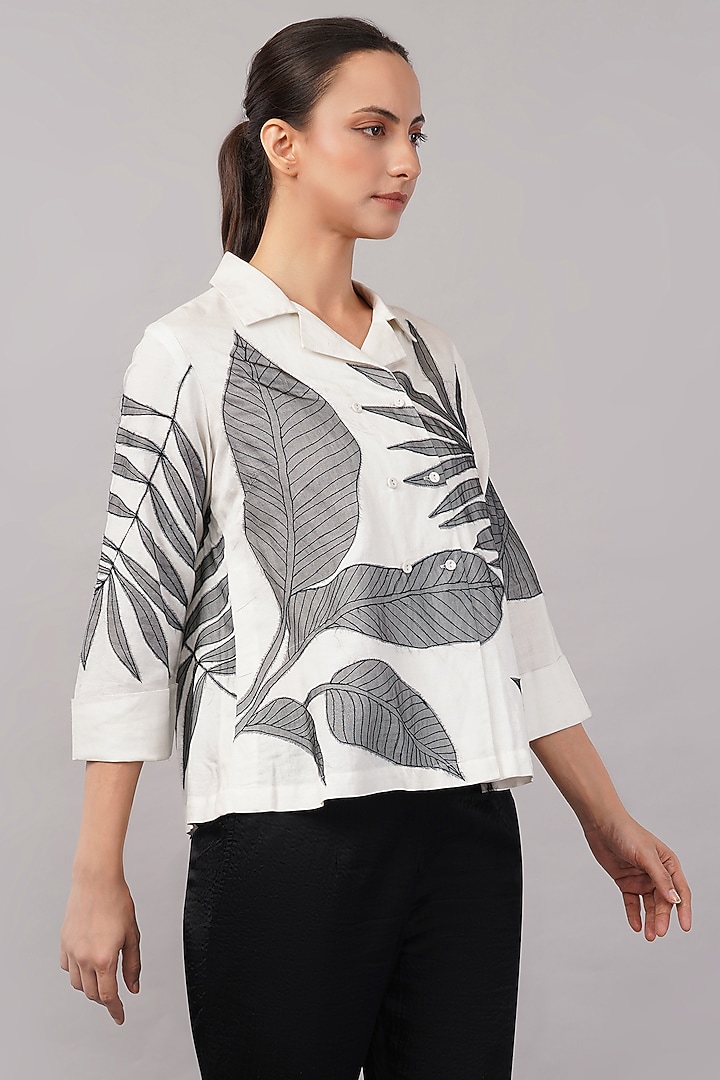 Ivory Linen Blend Applique Top by Abraham & Thakore at Pernia's Pop Up Shop