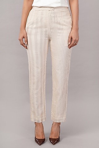 Ivory Cotton & Handwoven Silk Striped Trousers by Abraham & Thakore