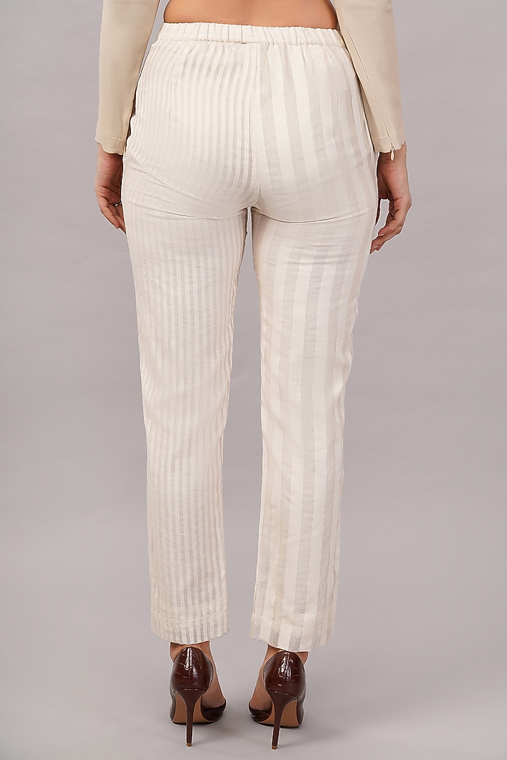 Ivory Cotton & Handwoven Silk Striped Trousers by Abraham & Thakore at Pernia's Pop Up Shop