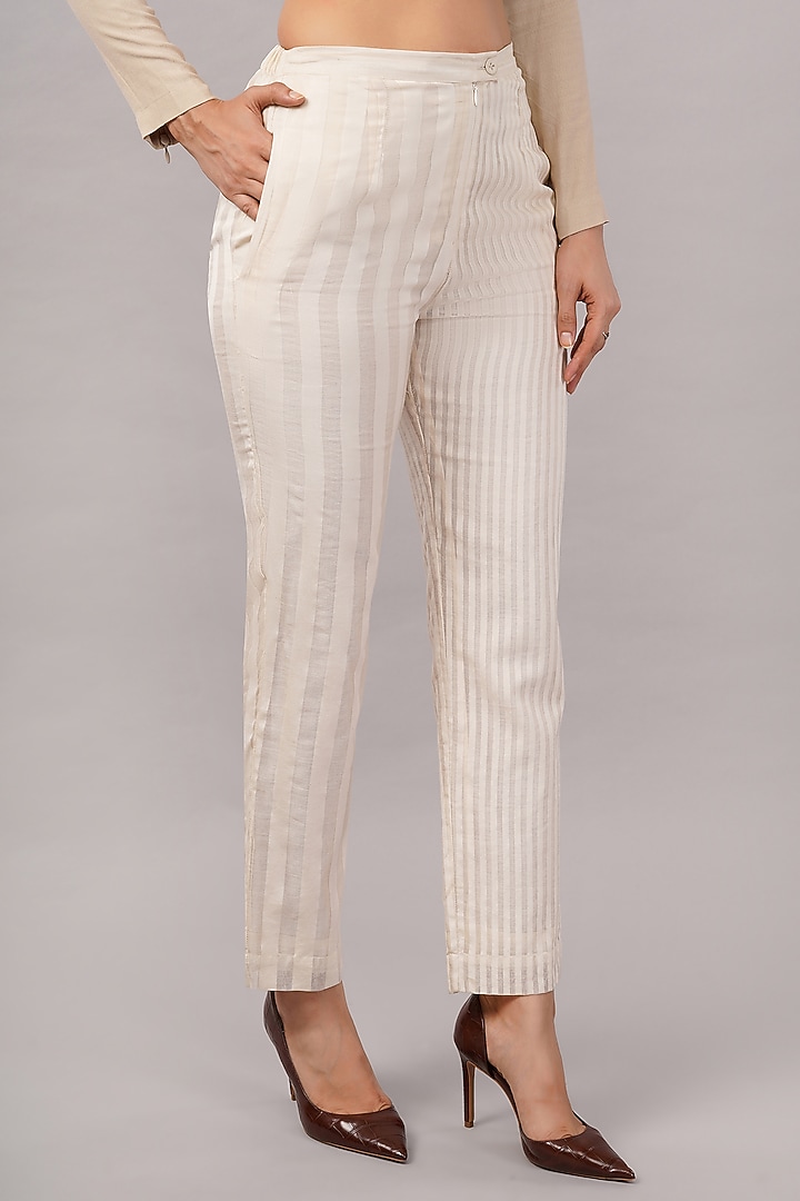 Ivory Cotton & Handwoven Silk Striped Trousers by Abraham & Thakore at Pernia's Pop Up Shop
