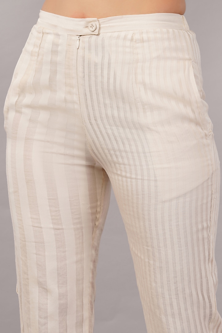 Ivory Cotton & Handwoven Silk Striped Trousers by Abraham & Thakore at Pernia's Pop Up Shop