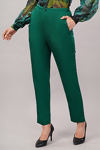 Forest Green Viscose Satin Quilted Trousers by Abraham & Thakore