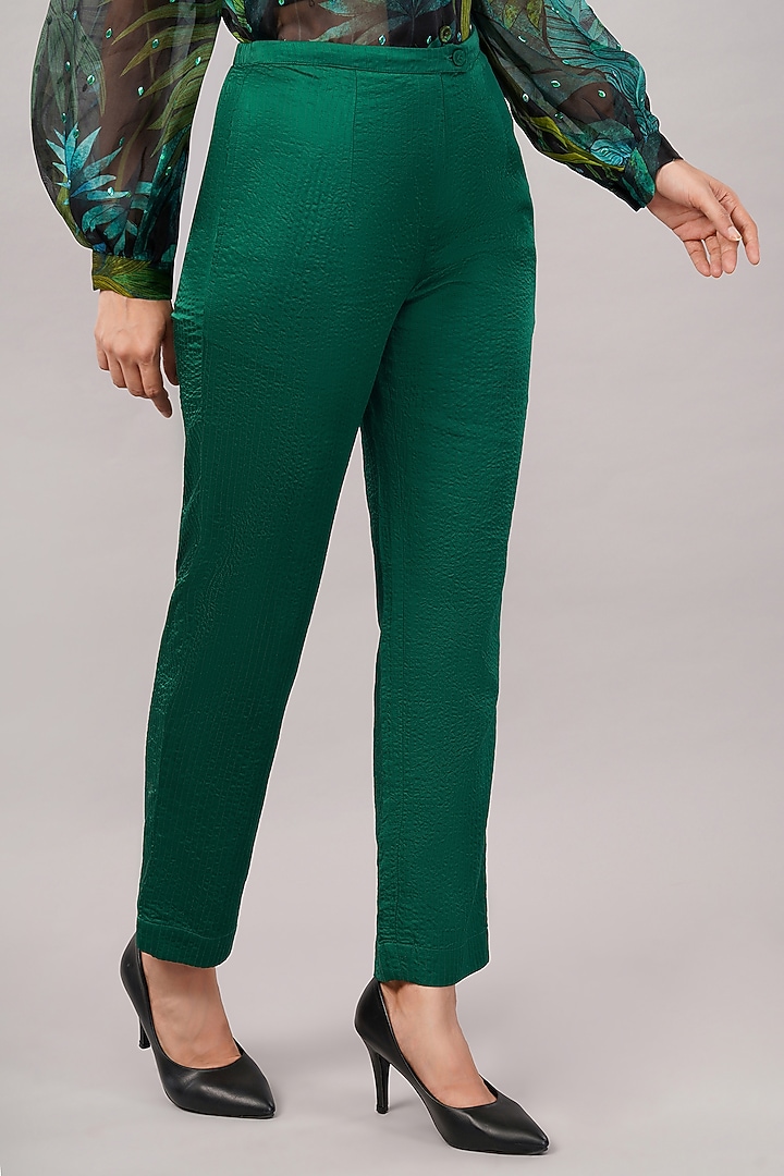 Forest Green Viscose Satin Quilted Trousers by Abraham & Thakore at Pernia's Pop Up Shop