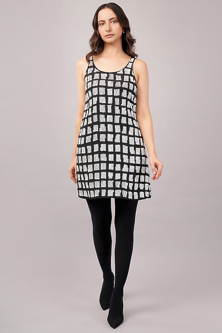 Black & Ivory Viscose Georgette Hand Embroidered Mini Vacation Dress by Abraham & Thakore at Pernia's Pop Up Shop