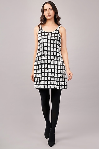 Black & Ivory Viscose Georgette Hand Embroidered Mini Dress by Abraham & Thakore