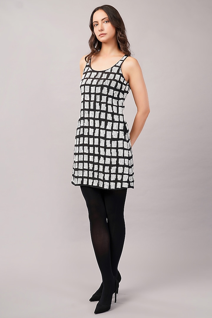 Black & Ivory Viscose Georgette Hand Embroidered Mini Vacation Dress by Abraham & Thakore at Pernia's Pop Up Shop