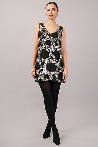 Black & Silver Viscose Organza Hand Embroidered Mini Dress by Abraham & Thakore
