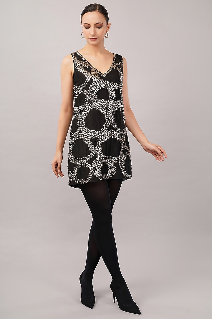 Black & Silver Viscose Organza Hand Embroidered Mini Vacation Dress by Abraham & Thakore at Pernia's Pop Up Shop