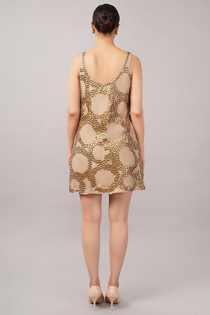 Beige & Gold Viscose Organza Hand Embroidered Mini Vacation Dress by Abraham & Thakore at Pernia's Pop Up Shop