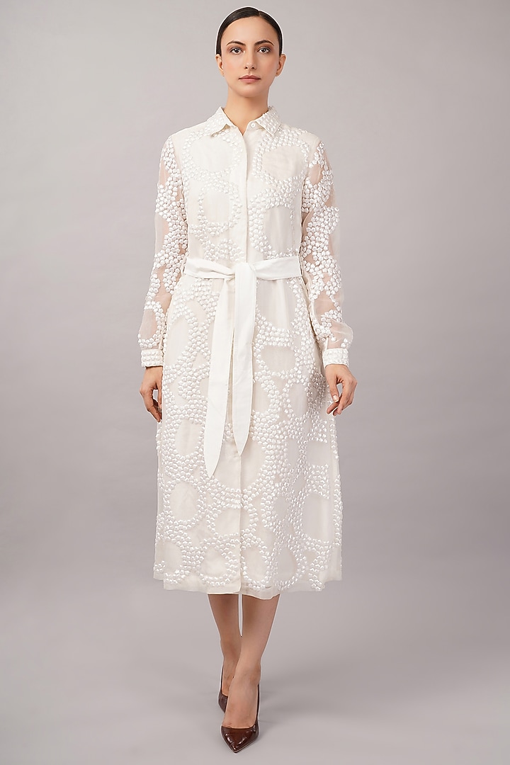 Ivory Viscose Organza Hand Embroidered Midi Vacation Dress by Abraham & Thakore at Pernia's Pop Up Shop