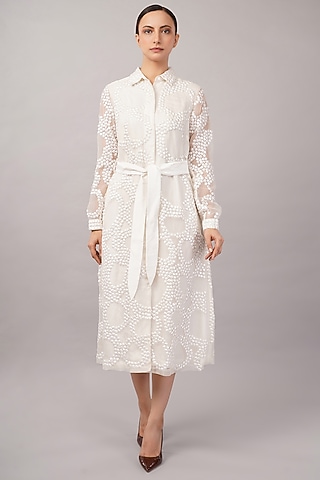 Ivory Viscose Organza Hand Embroidered Midi Dress by Abraham & Thakore